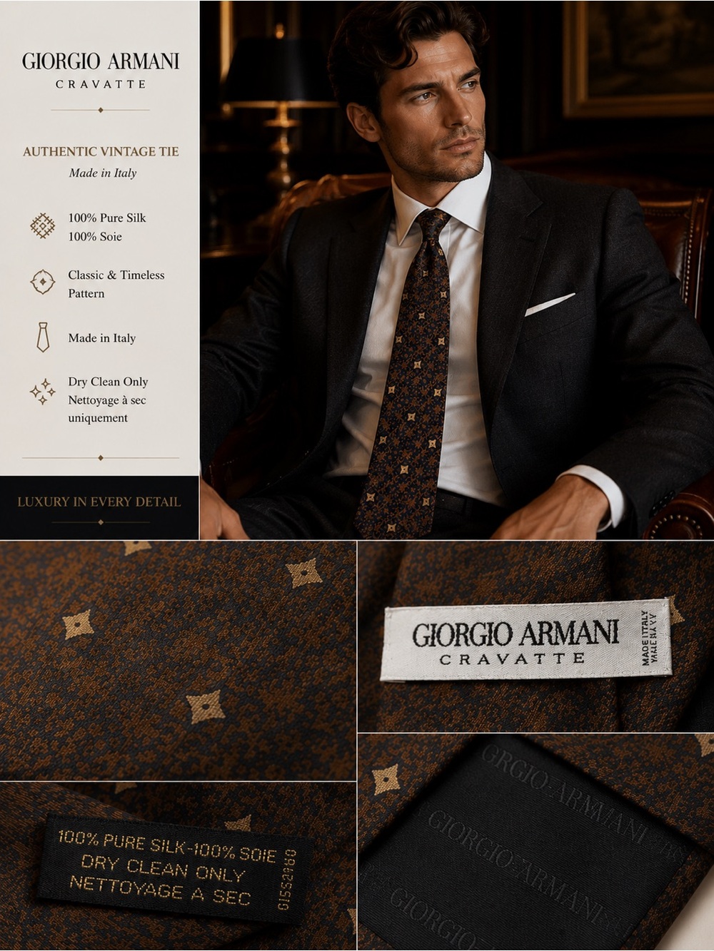 Giorgio Armani cravatte - Brown Silk Tie with Micro Geometric Motif
